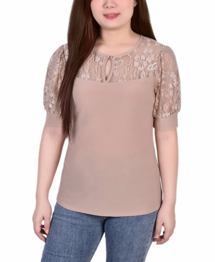 Women's Short Puff Sleeve Top with Lace Sleeves and Yoke