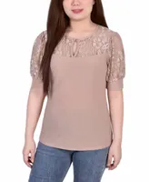 Women's Short Puff Sleeve Top with Lace Sleeves and Yoke