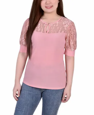 Women's Short Puff Sleeve Top with Lace Sleeves and Yoke