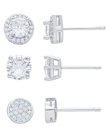 Women's Fine Silver Plated Round, Halo, Cubic Zirconia Stud Earrings Set, 6 Pieces