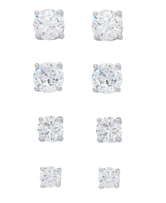 Women's Fine Silver Plated Round Cubic Zirconia Stud Earrings Set, 8 Pieces