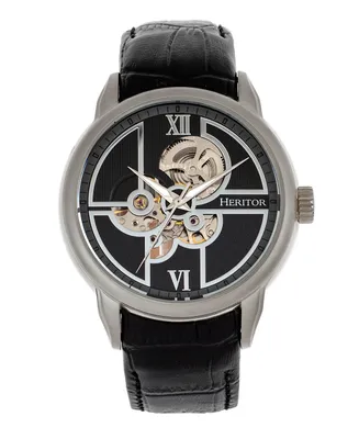 Heritor Automatic Sanford Semi Skeleton Blue or Black or Brown Genuine Leather Band Watch, 48mm - Silver