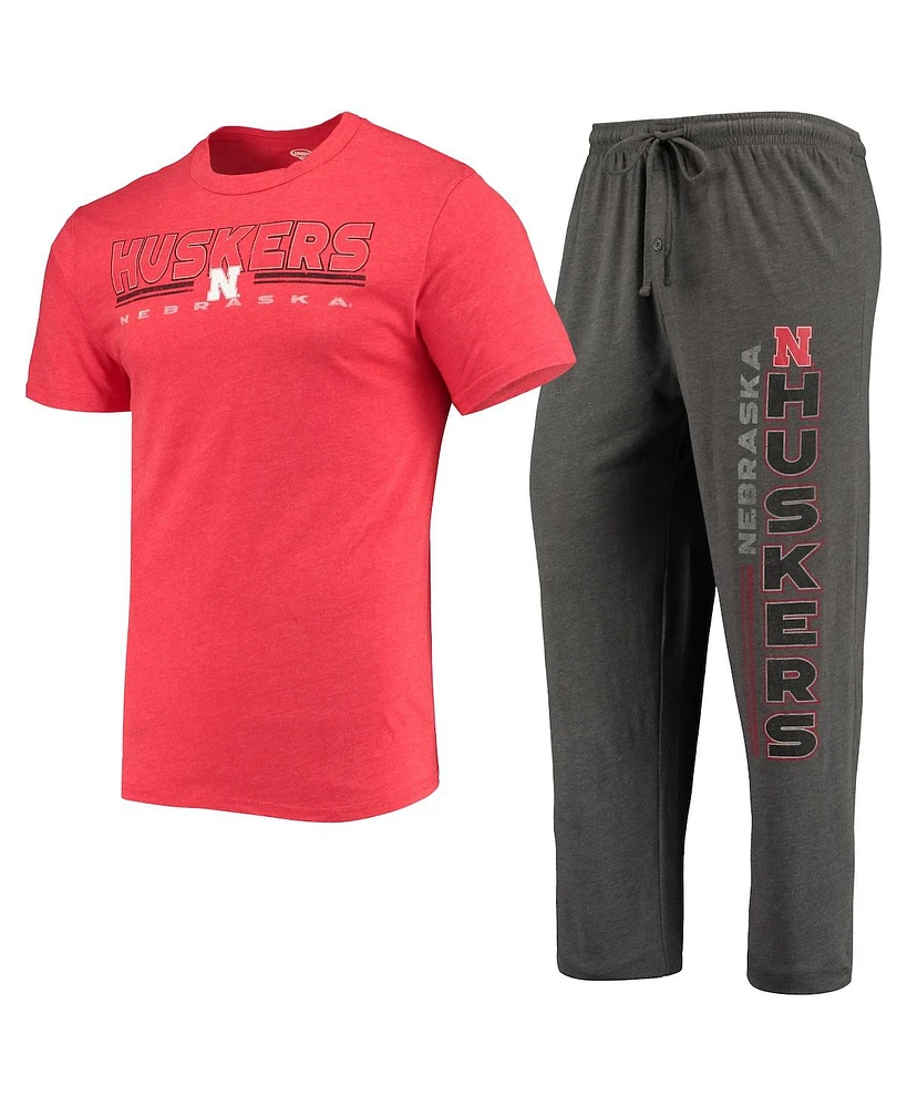 Men's Concepts Sport Heathered Charcoal, Scarlet Nebraska Huskers Meter T-shirt and Pants Sleep Set