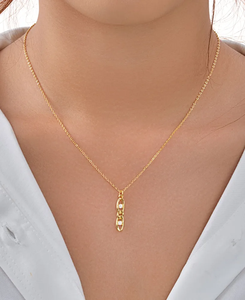 Cubic Zirconia Studded Figaro Link Pendant Necklace - Gold
