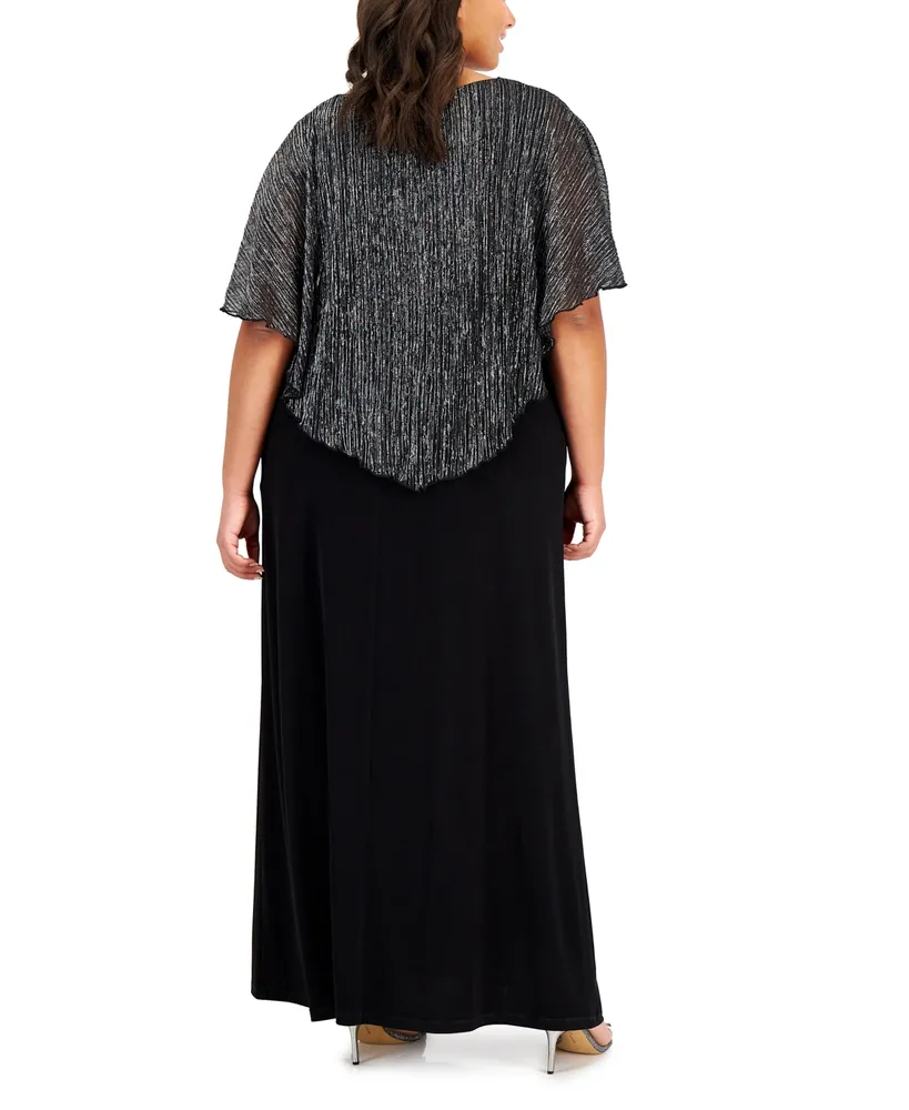 Connected Plus Size Metallic Cape-Overlay Gown