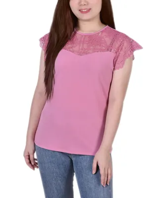 Petite Crepe Knit Top with Lace Flanged Sleeve and Yoke