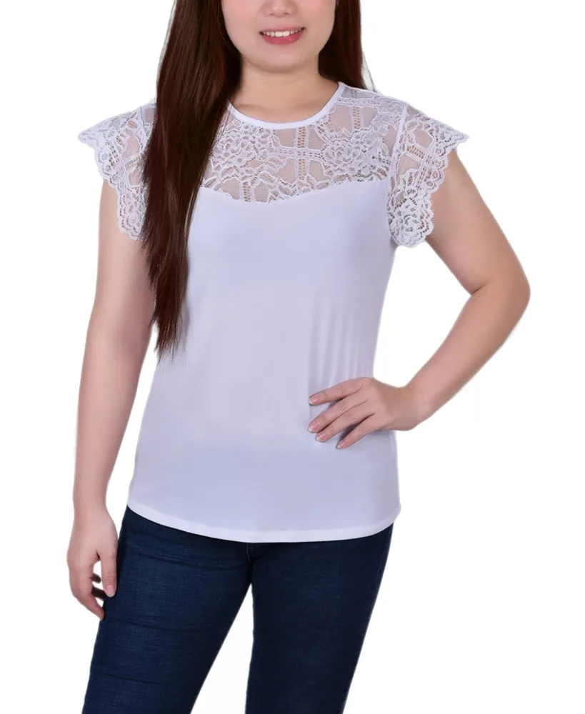 Petite Crepe Knit Top with Lace Flanged Sleeve and Yoke