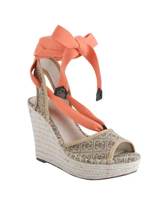 Guess Women's Hidy Fashion Espadrille Wedge Sandals - Medium Brown Logo Multi