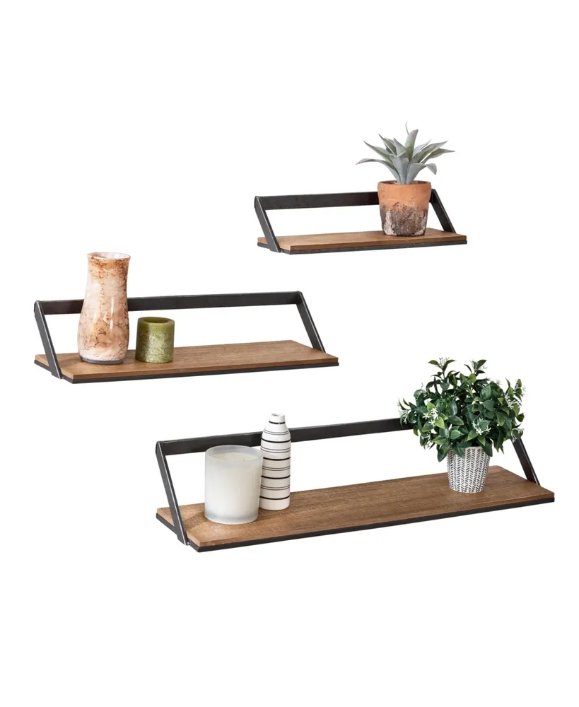 Floating Decorative Metal and Wood Wall Shelf, Set of 3