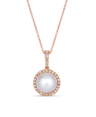Le Vian Vanilla Pearl (9mm) & Nude Diamond (1/3 ct. t.w.) Halo Pendant Necklace in 14k Rose Gold, Adjustable length to 20"