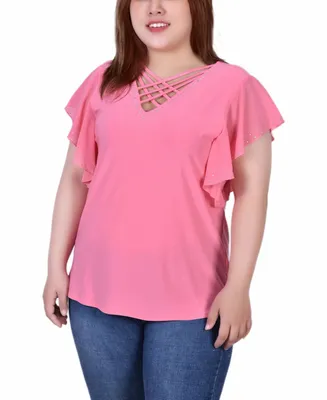 Plus Size Flutter Sleeve Top with Criss Cross Strips