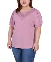 Ny Collection Plus Size Short Sleeve Top With Mesh and Lace