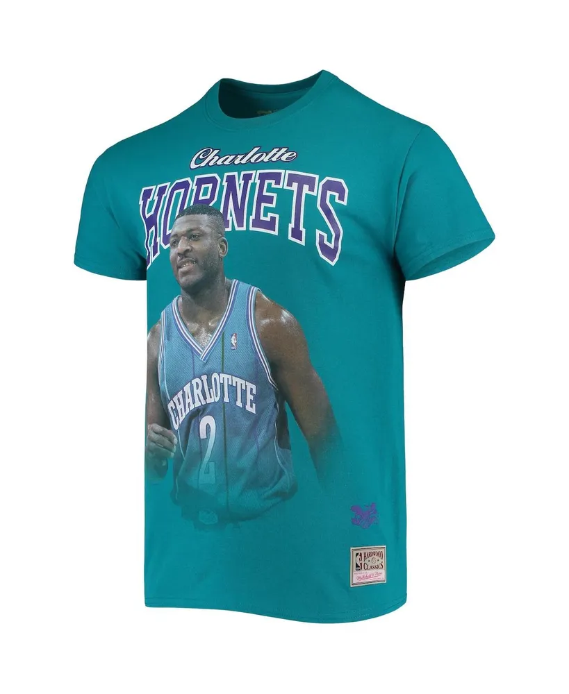 Men's Mitchell & Ness Larry Johnson Teal Charlotte Hornets Hardwood Classics Courtside Player T-shirt