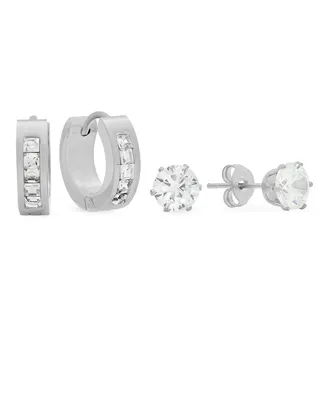 Steeltime Women's Stainless Steel 2 Pieces Simulated Diamond Stud and Simulated Diamond Huggie Earrings Set - Silver