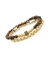 Steeltime Men's 2 Pieces 18k Gold Plated Stainless Steel Rounded Box Chain Bracelet and Tiger Eye Beaded Bracelet Set