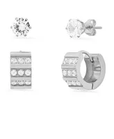 Steeltime Women's 2 Pieces Set Stainless Steel and Simulated Diamond Cross Studs or Huggie Earrings Set