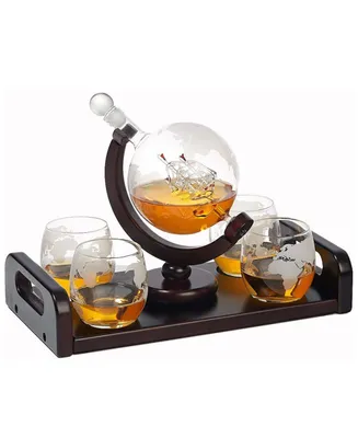 Bezrat Globe Whisky Decanter Gift Set with Glasses and Tray, 6 Pieces