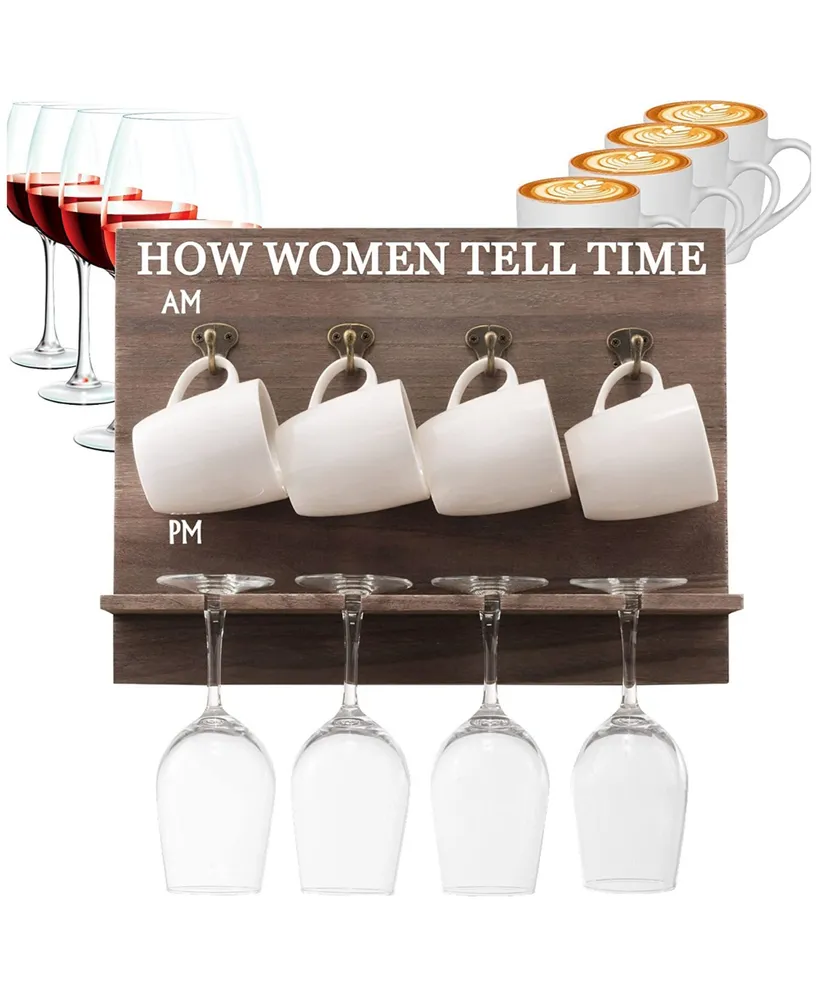 How Women Tell Time Wall Mounted Wine Rack with Wine Glasses and Coffee Mugs, Set of 9