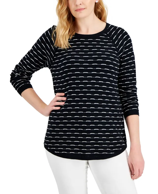 Karen Scott Women's Striped Cotton Mock Neck Sweater, Created for Macy's