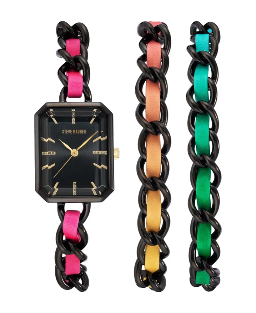 Steve Madden Women's Rainbow Polyurethane Leather Strap with Attached Black-Tone Chain Watch Set, 22X28mm