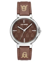 Steve Madden Women's Dual Colored Dark Brown and Light Brown Polyurethane Leather Strap with Steve Madden Logo and Stitching Watch, 36mm