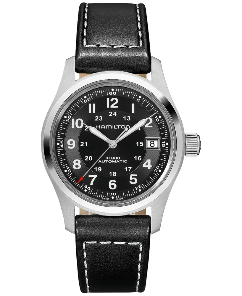 Hamilton Men's Swiss Automatic Khaki Field Black Leather Strap Watch 38mm