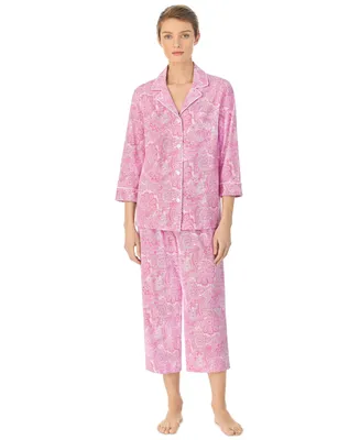 Lauren Ralph Womens 3/4 Sleeve Cotton Notch Collar Capri Pant Pajama Set