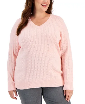Karen Scott Plus Size Cable-Knit V-Neck Sweater, Created for Macy's