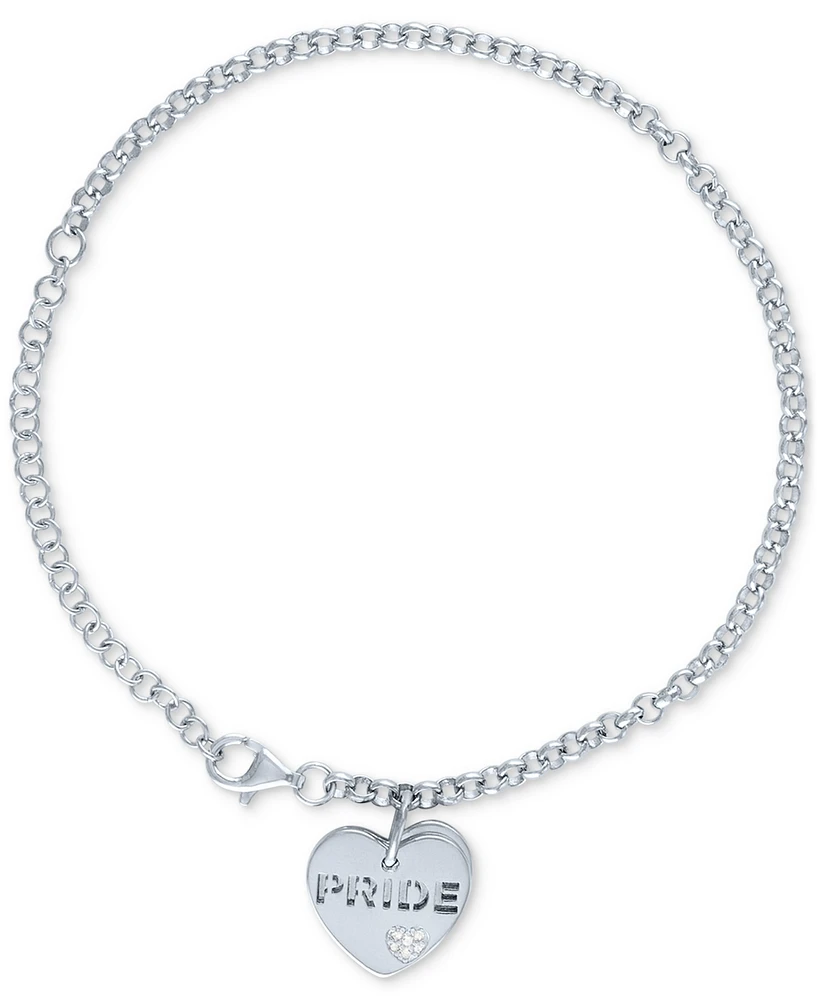 Diamond Accent & Rainbow Enamel Pride Double Heart Charm Bracelet in Sterling Silver