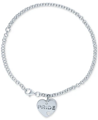 Diamond Accent & Rainbow Enamel Pride Double Heart Charm Bracelet in Sterling Silver