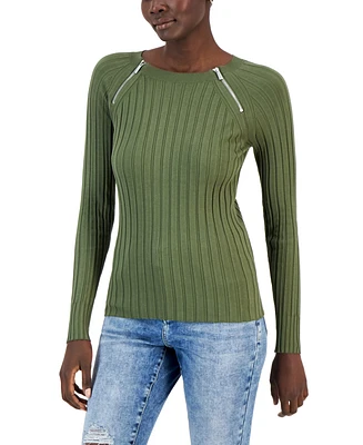 I.n.c. International Concepts Women's Zipper Detail Ribbed Long Sleeve Sweater, Created for Macy's