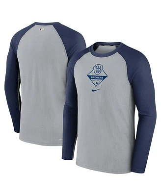 Men's Nike Gray, Navy Milwaukee Brewers Game Authentic Collection Performance Raglan Long Sleeve T-shirt