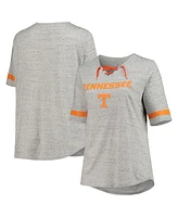 Women's Heathered Gray Tennessee Volunteers Plus Size Lace-Up V-Neck T-shirt