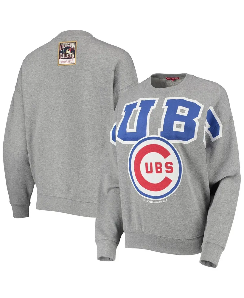 Women's Mitchell & Ness Heathered Gray Chicago Cubs Cooperstown Collection Logo Lightweight Pullover Sweatshirt