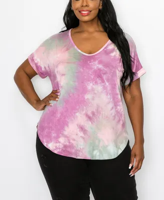 Plus Size Hand Tie Dye V-Neck Rolled Sleeve Top