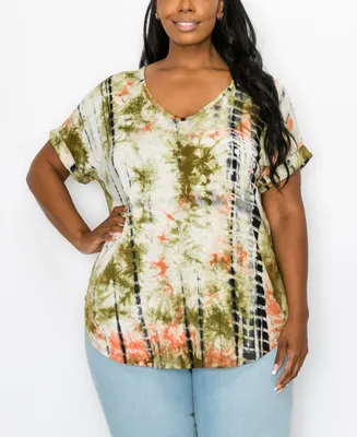 Plus Size Hand Tie Dye V-Neck Rolled Sleeve Top