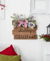 Holiday Merry Christmas Door Wall Hanger with Pine and Berries Stripped Bow Wall Art Decor, 20"