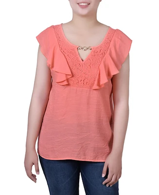 Petite Sleeveless Flutter Yoke Blouse