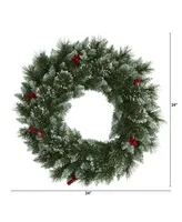 Frosted Swiss Pine Artificial Wreath with Lights and Berries, 24"