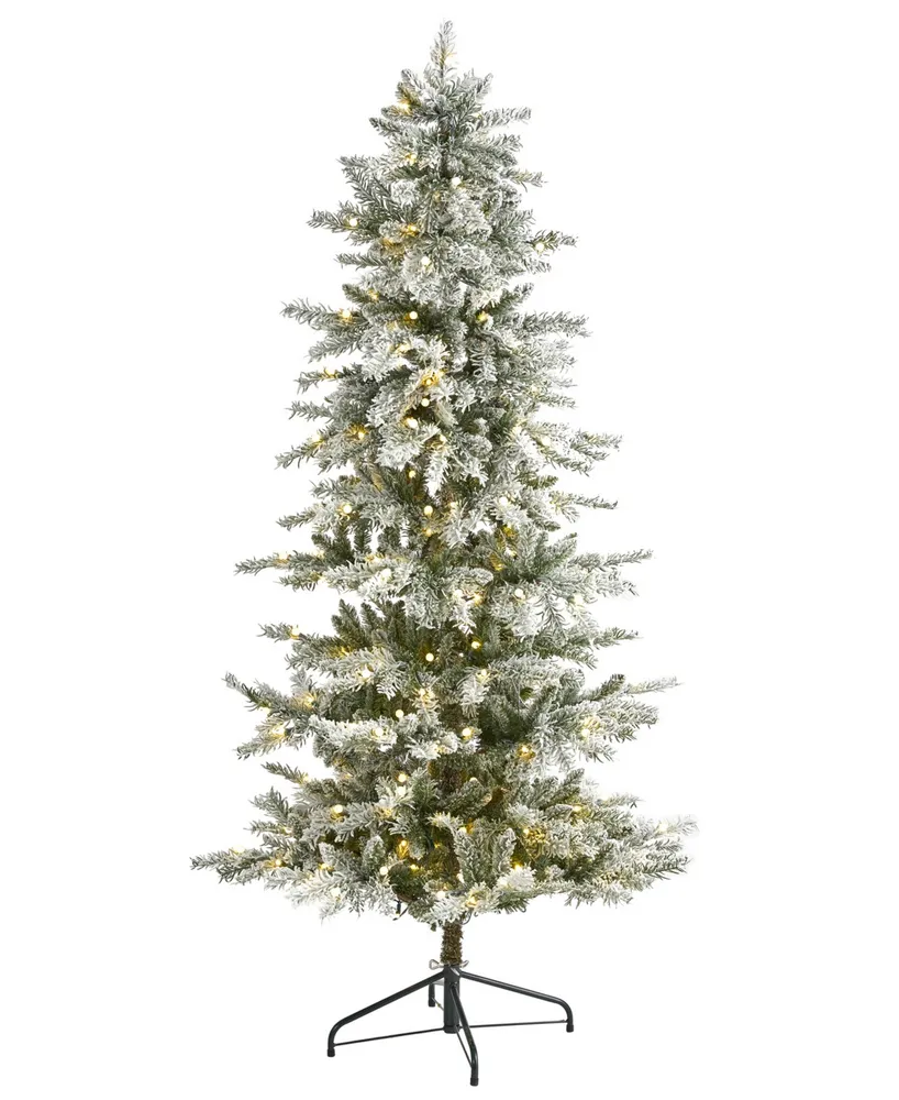 Slim Flocked Nova Scotia Spruce Artificial Christmas Tree with Lights and Bendable Branches, 78"