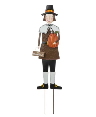 Glitzhome Metal Thanksgiving Pilgrim Boy Yard Stake, Standing Decor or Hanging Decor, 36"