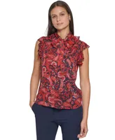 Tommy Hilfiger Women's Paisley-Print Tie-Neck Ruffle Top