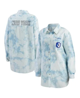 Women's Wear by Erin Andrews White New York Rangers Oversized Tie-Dye Button-Up Denim Shirt