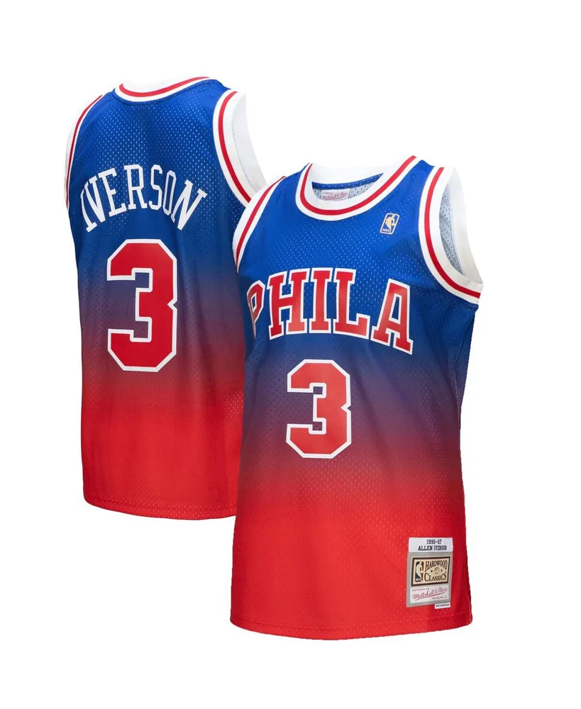 Men's Mitchell & Ness Allen Iverson Red, Royal Philadelphia 76ers 1996/97 Hardwood Classics Fadeaway Swingman Player Jersey