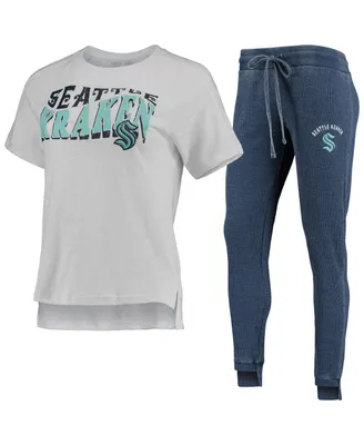 Women's Concepts Sport Deep Sea Blue, White Seattle Kraken Resurgence Slub Burnout Raglan T-shirt and Joggers Sleep Set