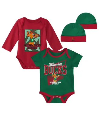 Infant Boys and Girls Mitchell & Ness Hunter Green, Red Milwaukee Bucks Hardwood Classics Bodysuits and Cuffed Knit Hat Set