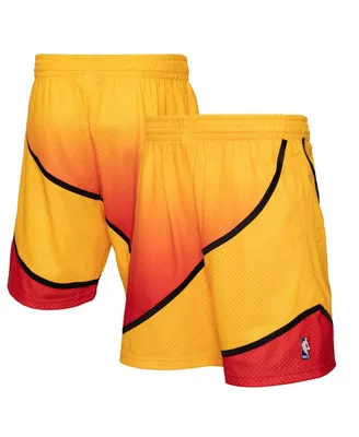 Men's Mitchell & Ness Gold and Red Atlanta Hawks 1986/87 Hardwood Classics Fadeaway Reload 3.0 Swingman Shorts