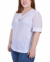 Plus Size Short Puff Sleeve V-Neck Top