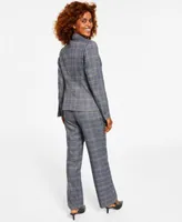 Kasper Womens Glen Plaid Two Button Blazer Sleeveless Bow Neck Top Glen Plaid Pull On Pants
