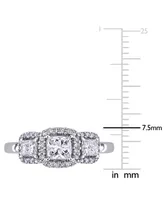 Diamond Princess Halo Three Stone Engagement Ring (1 ct. t.w.) 14k White Gold